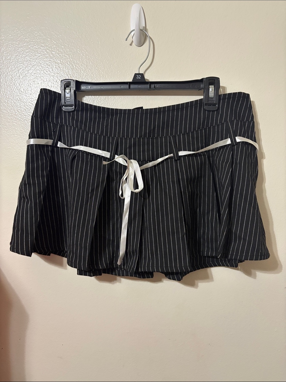 Hot Topic Black Pinstripe Mini Skirt with White Ribbon